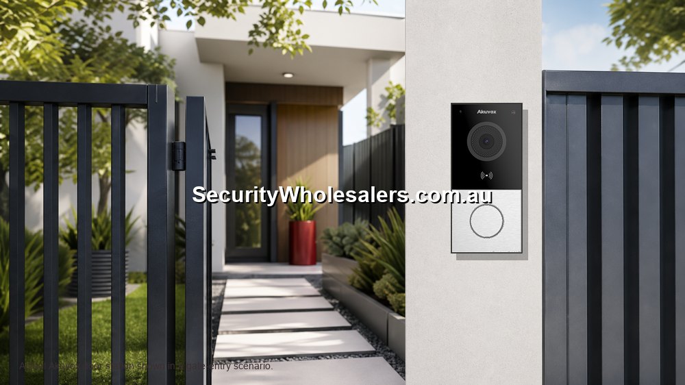 Akuvox gate intercom layout with app, monitor and gate trigger.
