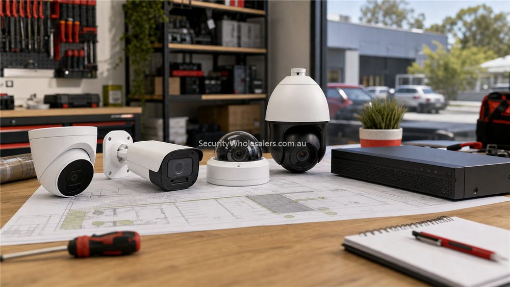Dahua camera and NVR models arranged on an installer workbench