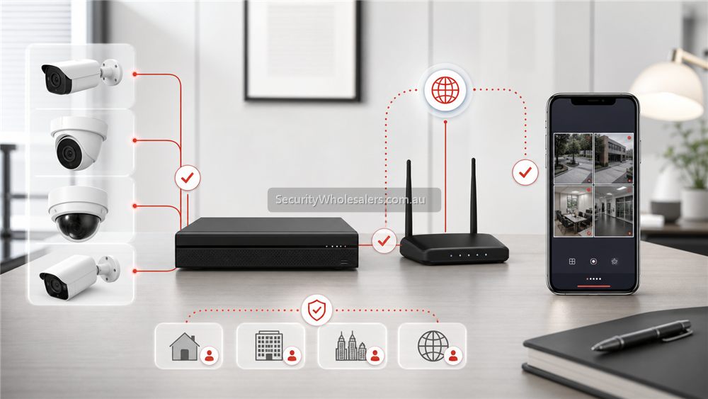 Dahua DMSS troubleshooting concept showing cameras, NVR, router and phone access