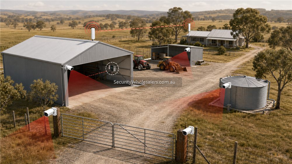 Dahua farm and remote site CCTV layout example with cameras at gate, shed, yard and remote buildings