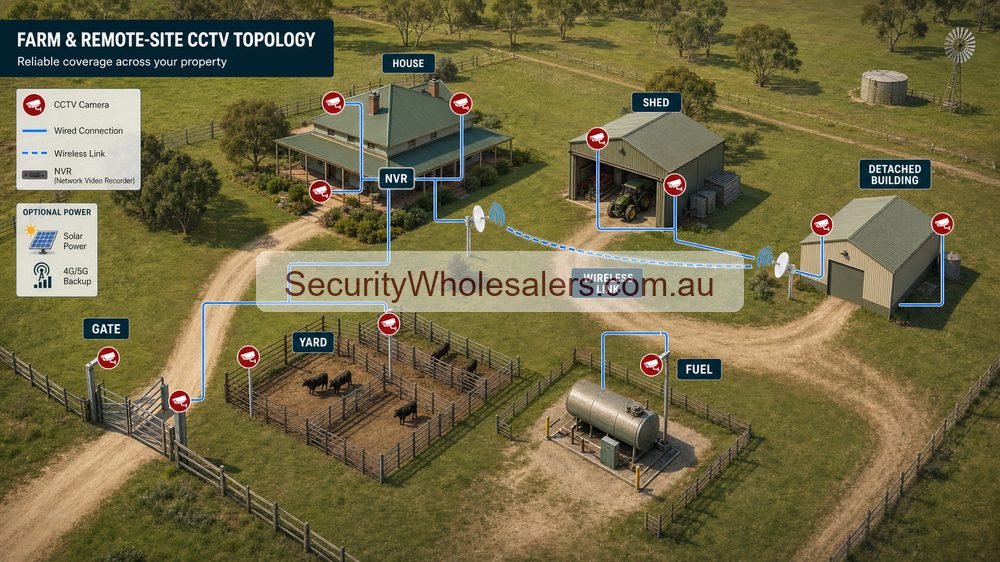 Dahua farm and remote CCTV topology showing gate shed yard fuel NVR and wireless link