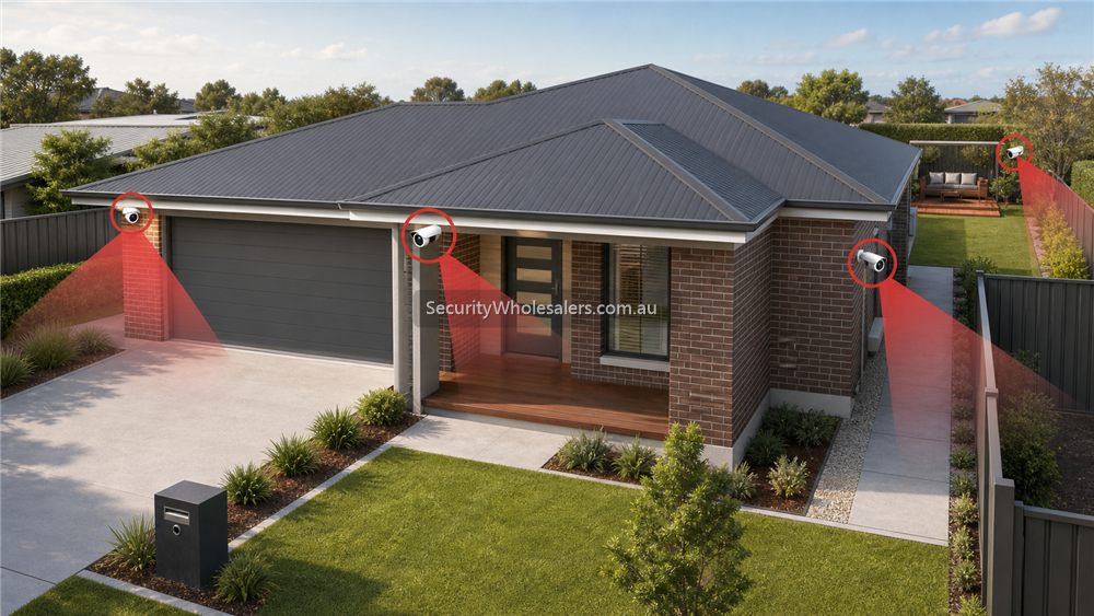 Dahua home CCTV layout example with cameras covering entry, driveway, side access and backyard