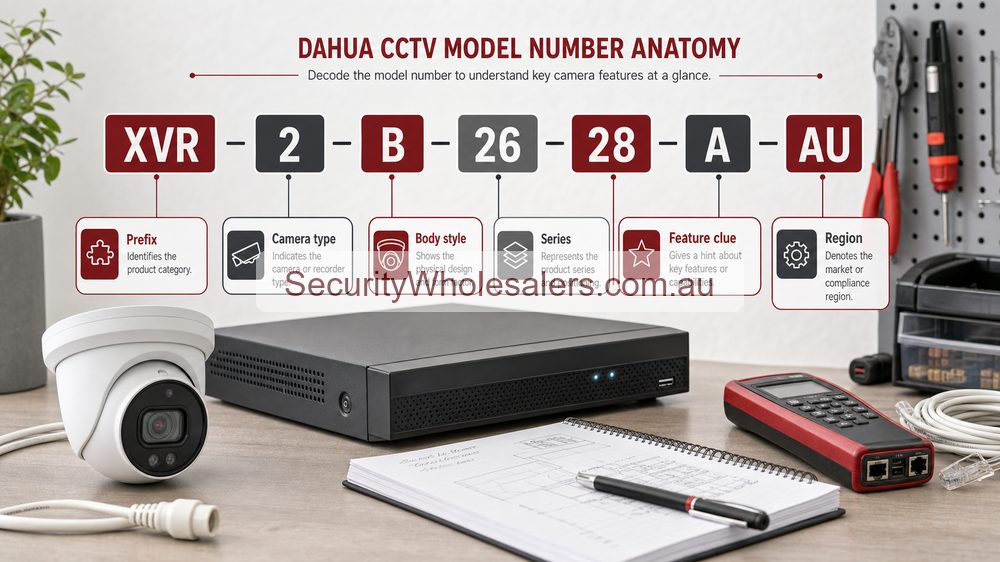 Dahua CCTV model number anatomy showing prefix camera type body style series features and region clues