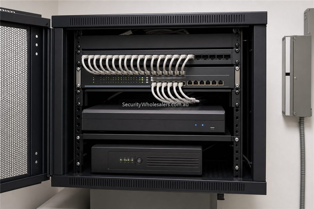 Clean Dahua CCTV installation rack with NVR PoE switch patch panel and UPS