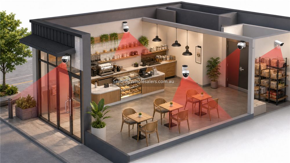 Dahua shop and cafe CCTV layout example with cameras covering entry, counter, seating and stock areas