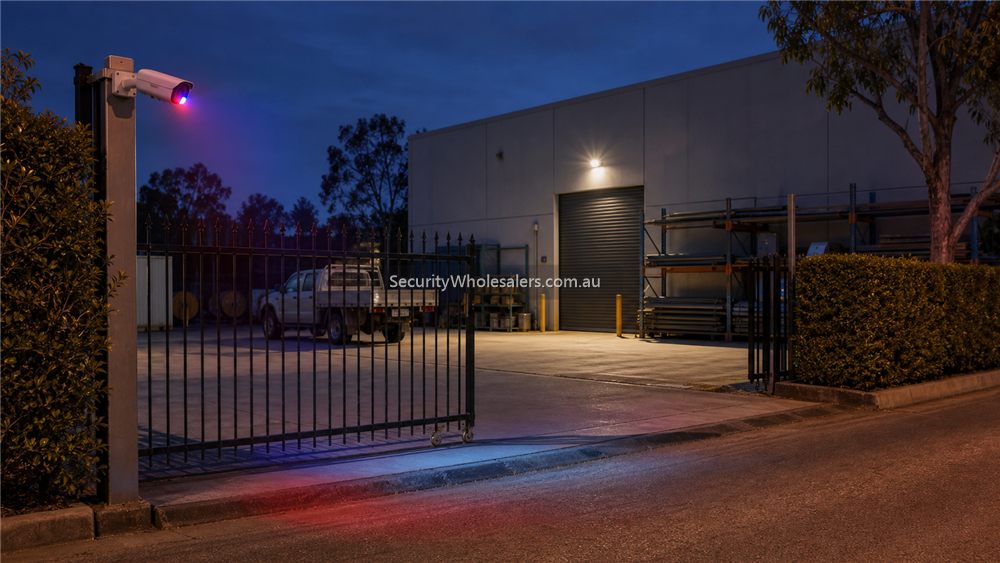 Dahua active deterrence camera covering a business yard gate at night