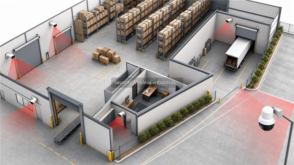 Dahua warehouse CCTV layout example with cameras covering dispatch, aisles, roller doors and yard areas
