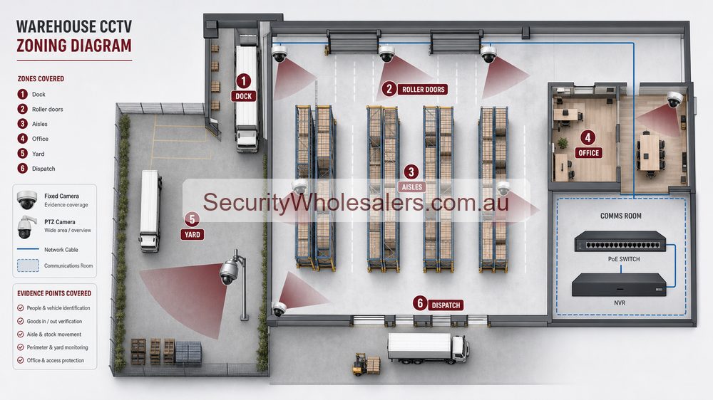 Dahua warehouse CCTV zoning diagram showing docks roller doors aisles office yard dispatch fixed cameras PTZ and NVR