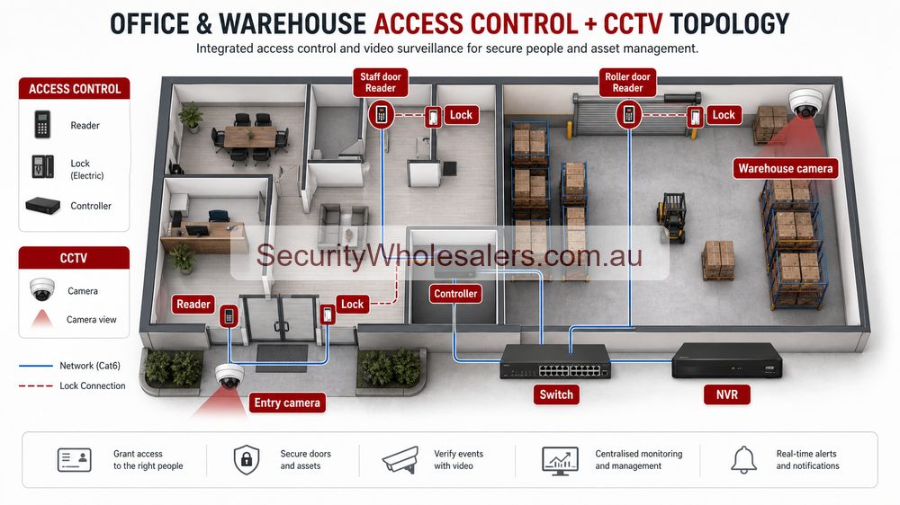 Hikvision access control and CCTV topology for office and warehouse doors