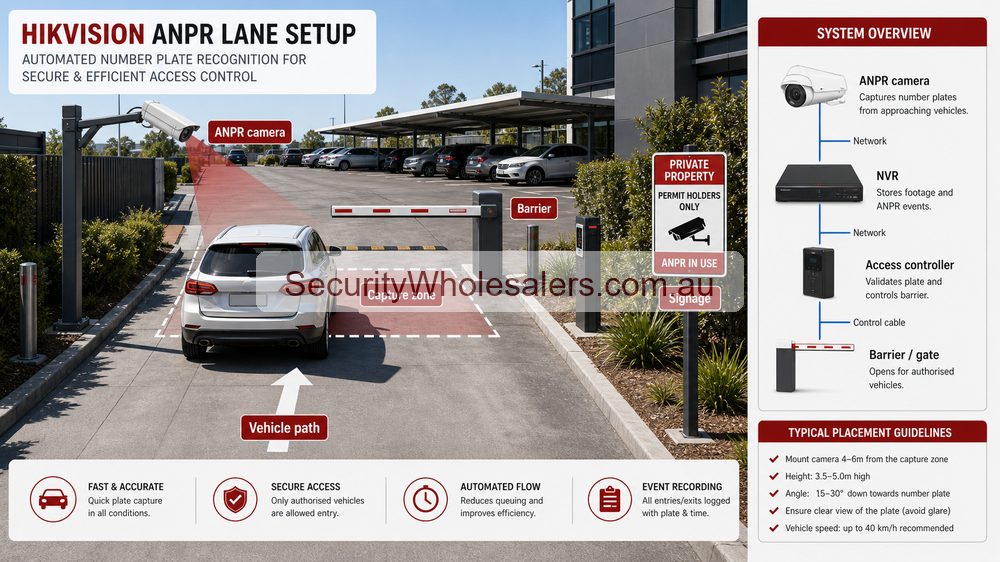 Hikvision ANPR lane setup showing camera capture zone barrier vehicle path NVR and signage