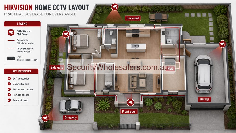 Hikvision home CCTV layout with cameras covering front door driveway side gate backyard garage and NVR