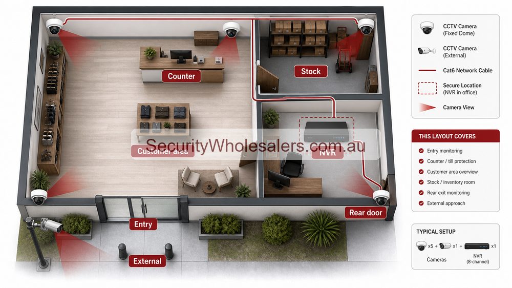 Hikvision small business CCTV layout showing entry counter customer area stock rear door external approach and NVR