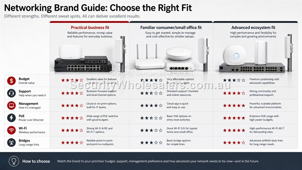 A balanced networking brand comparison based on budget, support, management, PoE, Wi-Fi and bridge needs.