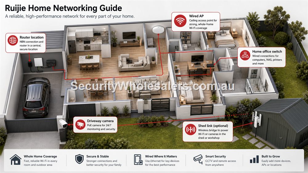 Ruijie home network layout showing router placement, wired AP, desk switch, CCTV and shed link.
