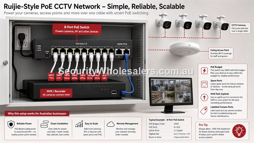 A PoE CCTV network showing camera ports, NVR path and PoE budget planning.