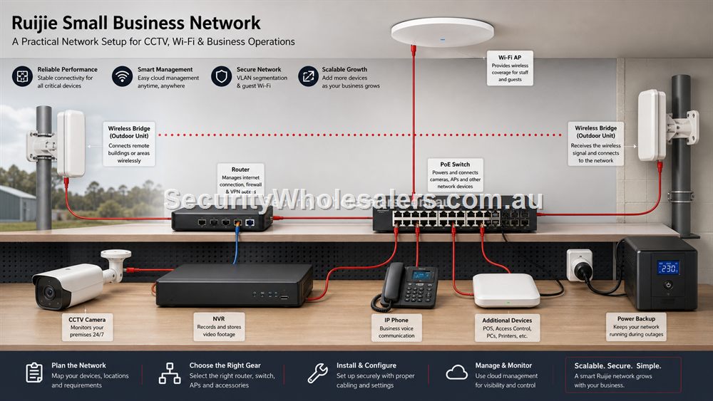 A complete Ruijie-style network showing router, PoE switching, Wi-Fi, bridge and CCTV paths.