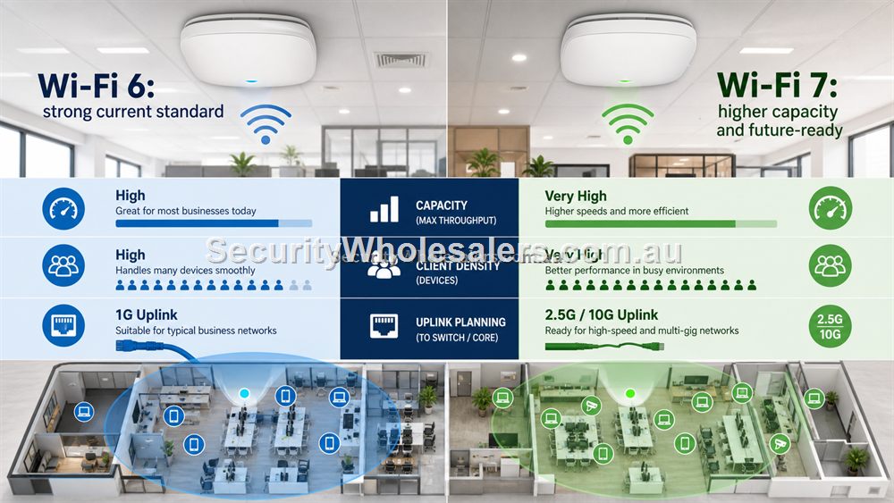 Wi-Fi 6 versus Wi-Fi 7 access point planning for capacity, clients and uplinks.