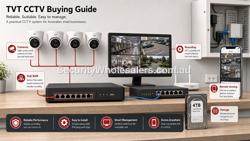 TVT CCTV system overview showing cameras, PoE NVR, recording, remote viewing and storage.