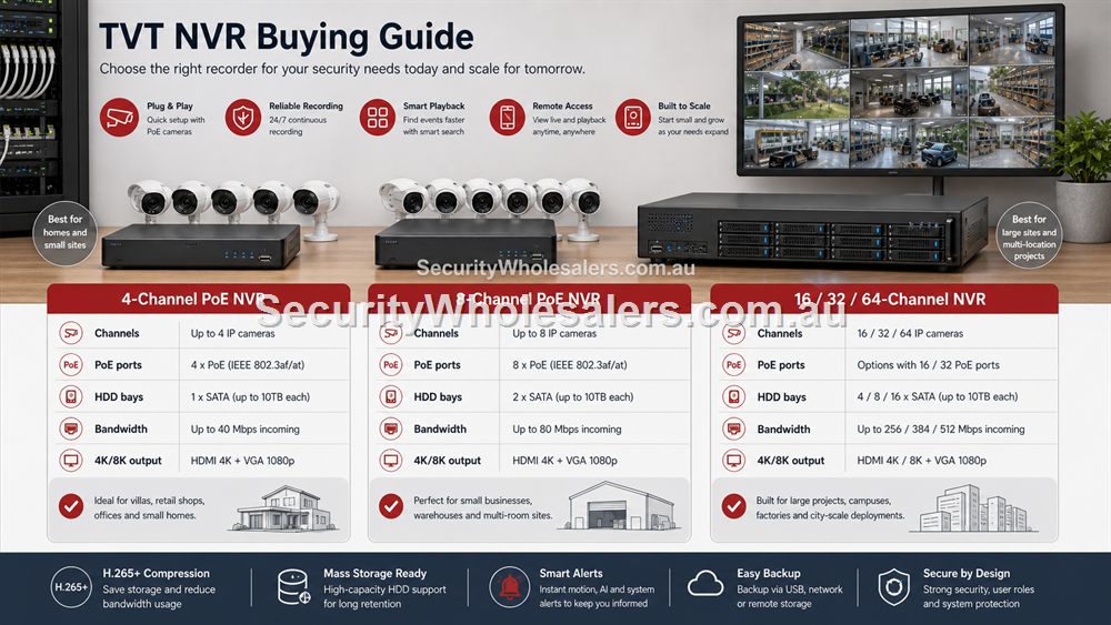 TVT NVR selection across PoE recorders, larger channel counts, storage and output needs.